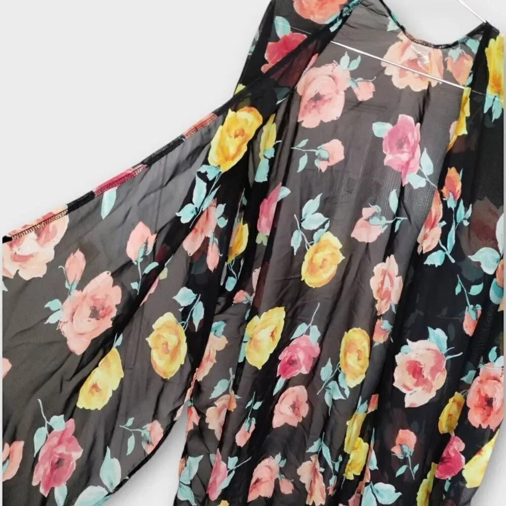 Womens Coverup Semi Sheer Black Red Pink Floral Knee Length Open Pom Poms Beachy